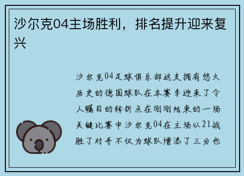 沙尔克04主场胜利，排名提升迎来复兴